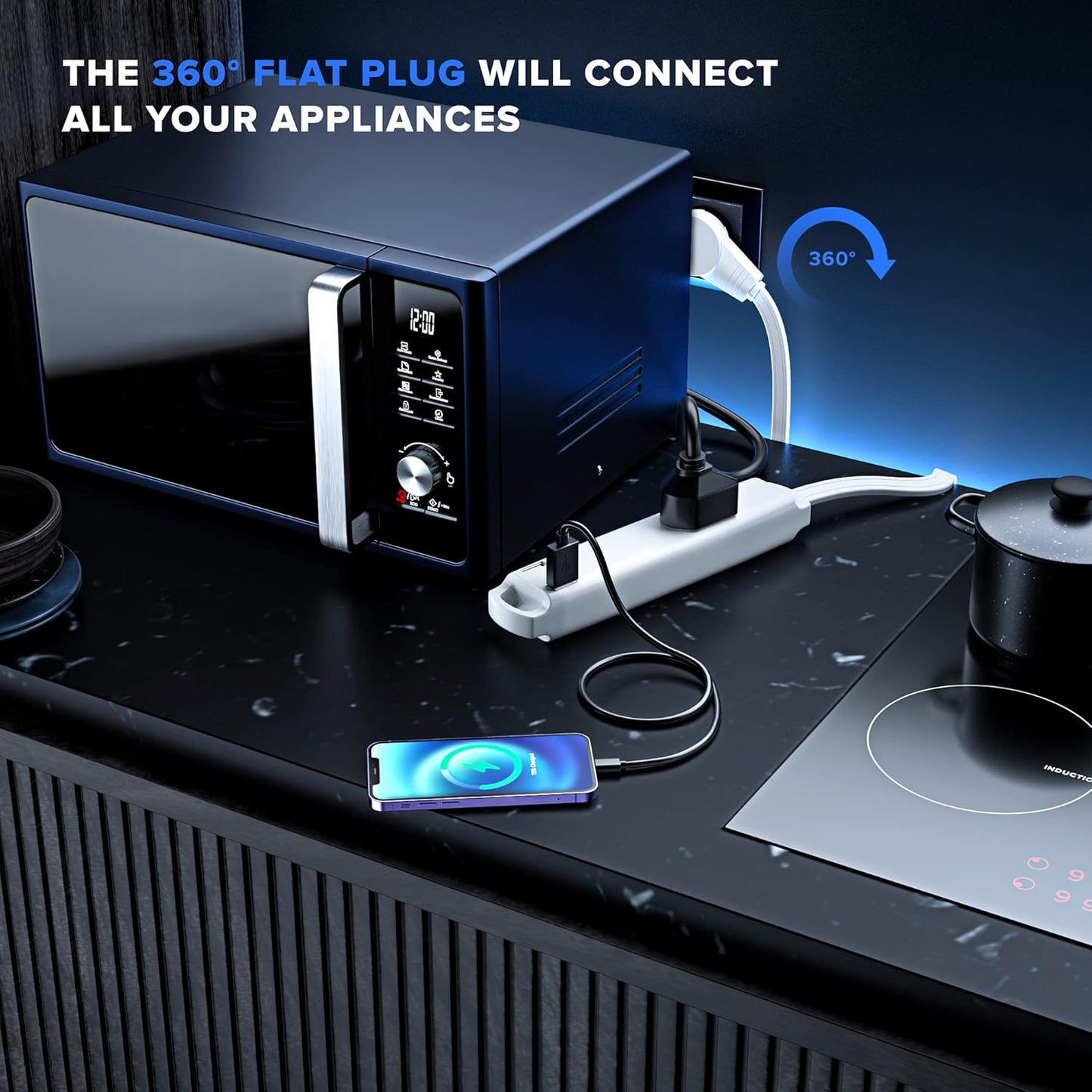 3FT Rotating Flat Plug Extension Cord with 3-Outlet and 2 USB Ports, Grounded (White) UL Certified