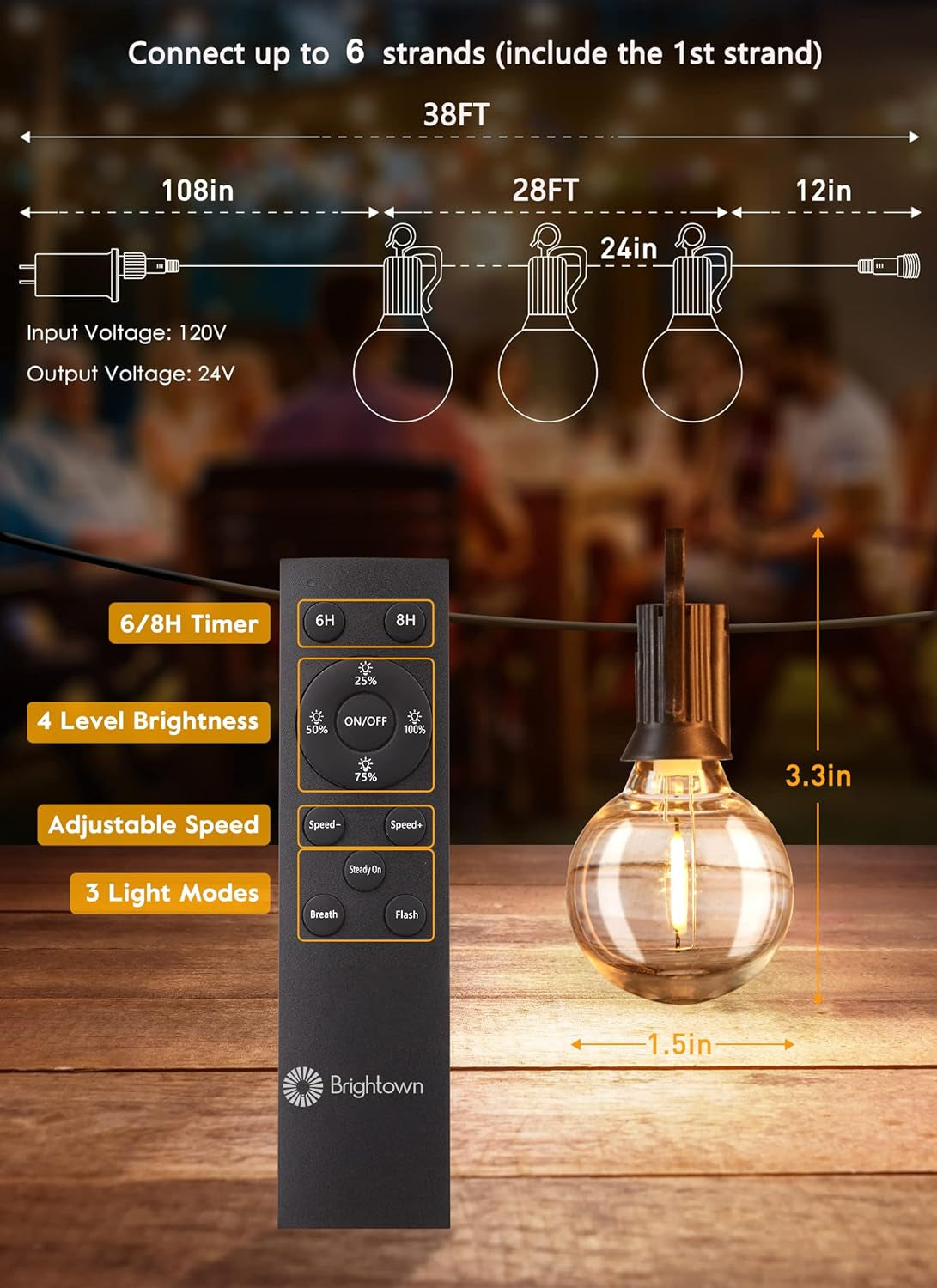 38Ft Outdoor String Lights with Remote & 15 Shatterproof LED Bulbs - Waterproof Patio Hanging Lights for Porch Balcony Bistro Cafe