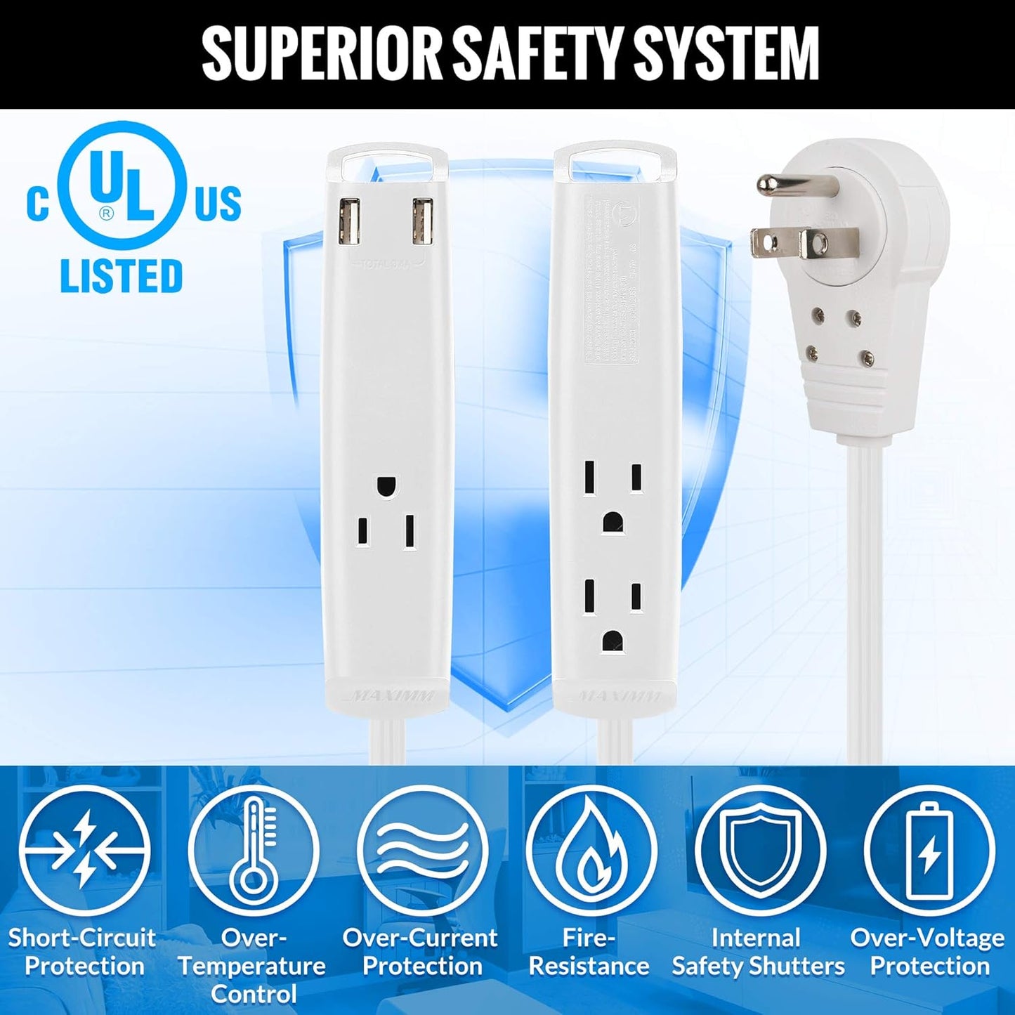 3FT Rotating Flat Plug Extension Cord with 3-Outlet and 2 USB Ports, Grounded (White) UL Certified