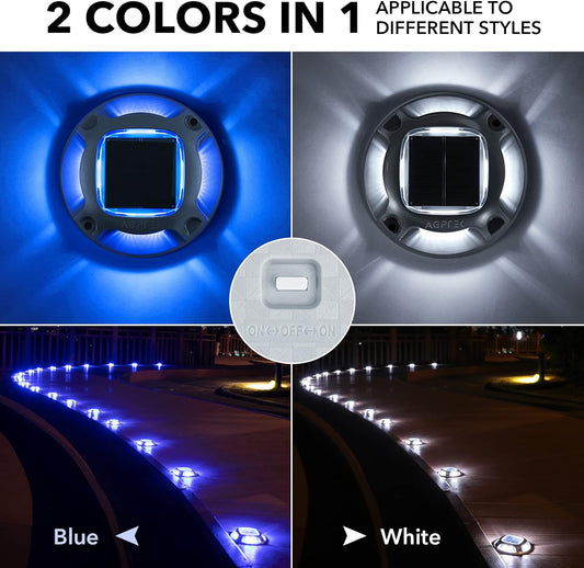 Solar Driveway Lights Outdoor 12 Pack – Dual Color Modes (Blue/Cool White) LED Deck Dock Step Lights, IP68 Waterproof Security Marker Lights for Pathway, Garden, Walkway, Yard, and Stairs