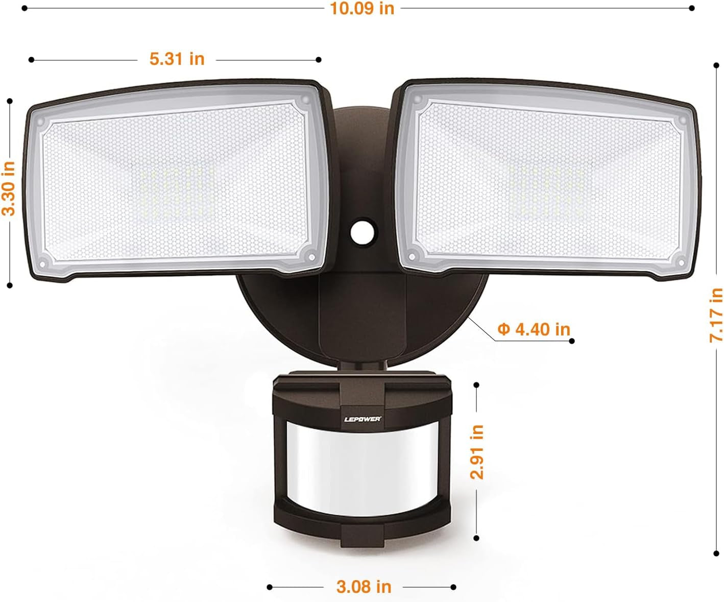 30W LED Security Lights Motion Sensor Light Outdoor, 3200LM Motion Security Light, 5500K, IP65 Waterproof, 2 Head Motion Detector Flood Light for Garage, Yard, Porch, Brown (NOT Solar Powered)