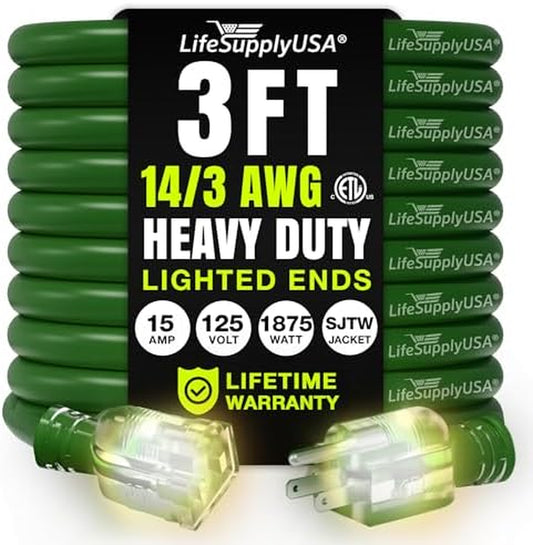 3Ft Outdoor/Indoor Extension Cord 14/3 Gauge Heavy Duty 3 Prong SJTW, Waterproof, ETL Listed, Flexible Cold-Resistant Long Power Cord,125 Amp 1875W, Green by
