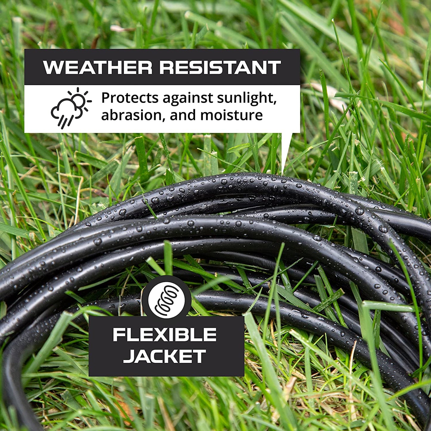 50 Ft Black Outdoor Extension Cord, 16/3, 50 Foot Outdoor Extension Cord, 3 Prong, Weatherproof - Great for outside Use