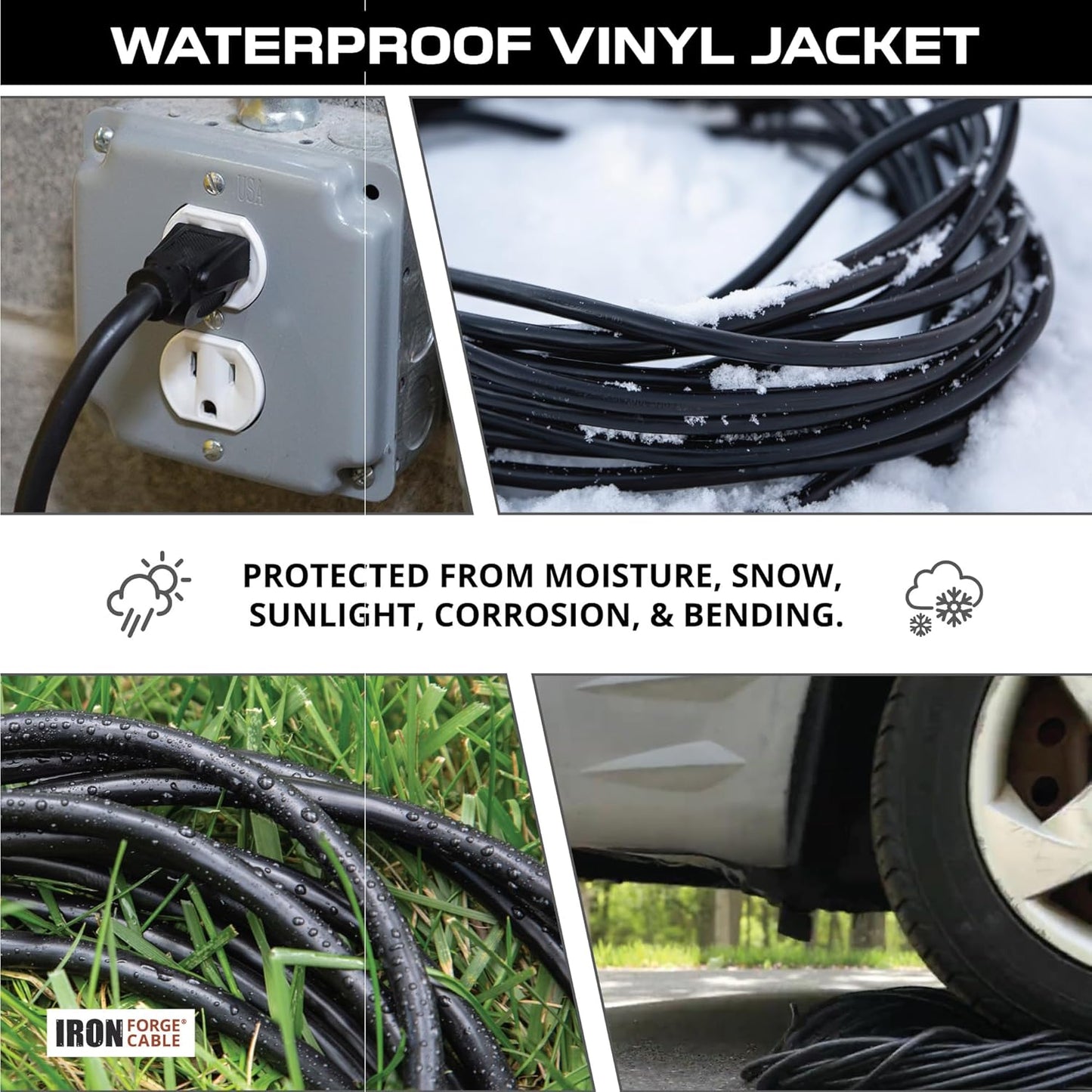 50 Ft Black Outdoor Extension Cord, 16/3, 50 Foot Outdoor Extension Cord, 3 Prong, Weatherproof - Great for outside Use