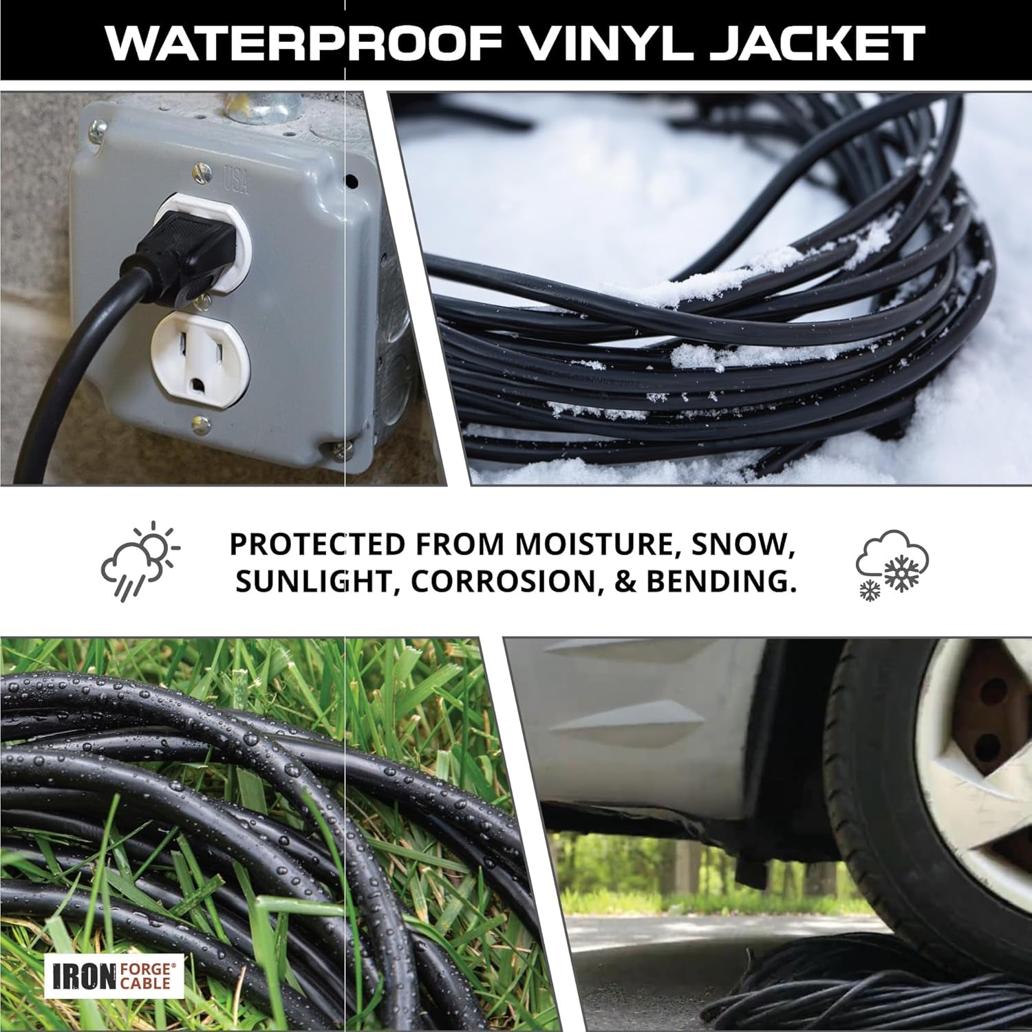 50 Ft Black Outdoor Extension Cord, 16/3, 50 Foot Outdoor Extension Cord, 3 Prong, Weatherproof - Great for outside Use