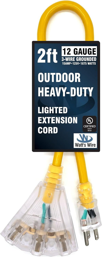 2 Ft - 12 Gauge Heavy Duty Extension Cord - 3 Outlet Lighted SJTW - Indoor/Outdoor Extension_Cord by  - 2' 12-Gauge Grounded 15 Amp Extensioncord Splitter