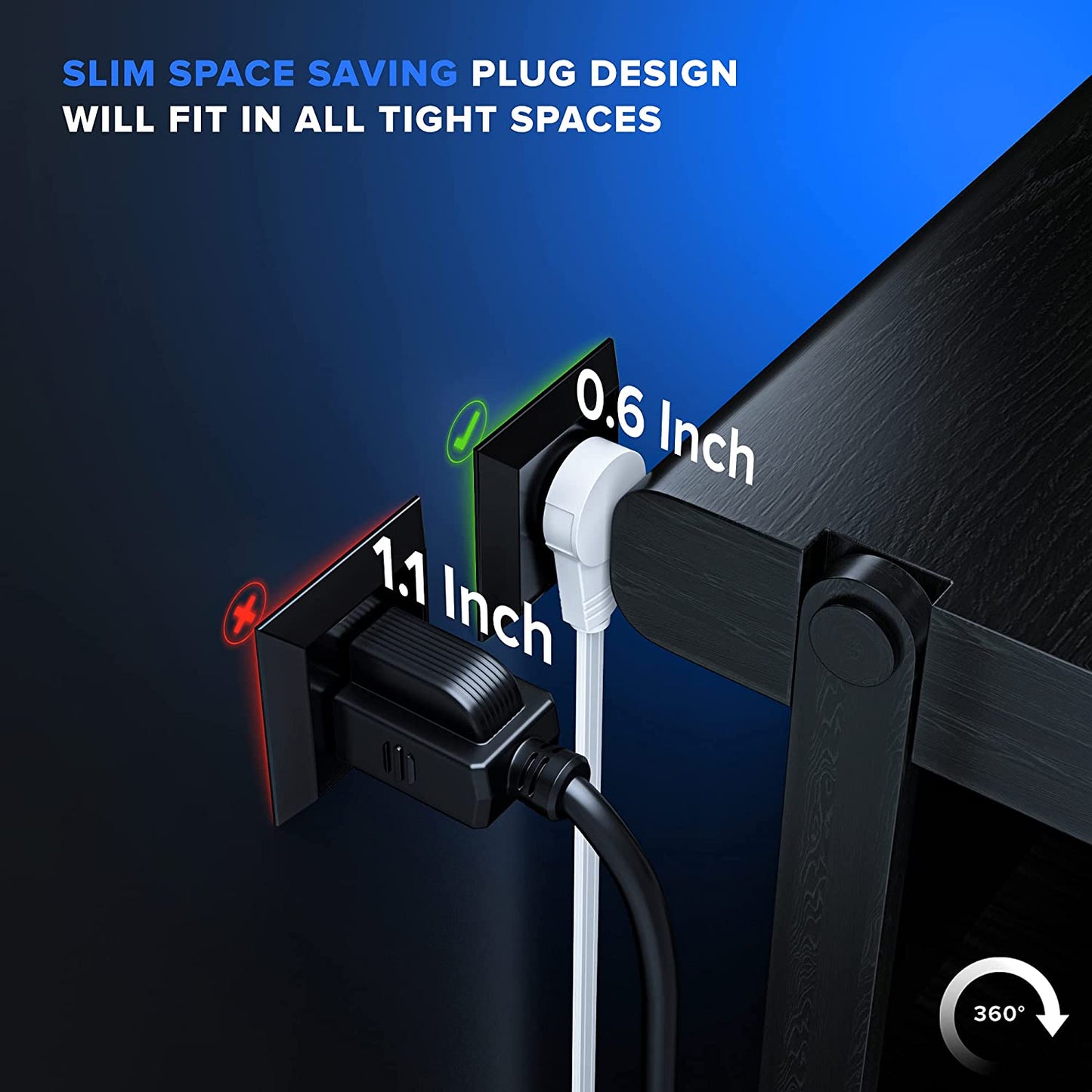 3FT Rotating Flat Plug Extension Cord with 3-Outlet and 2 USB Ports, Grounded (White) UL Certified