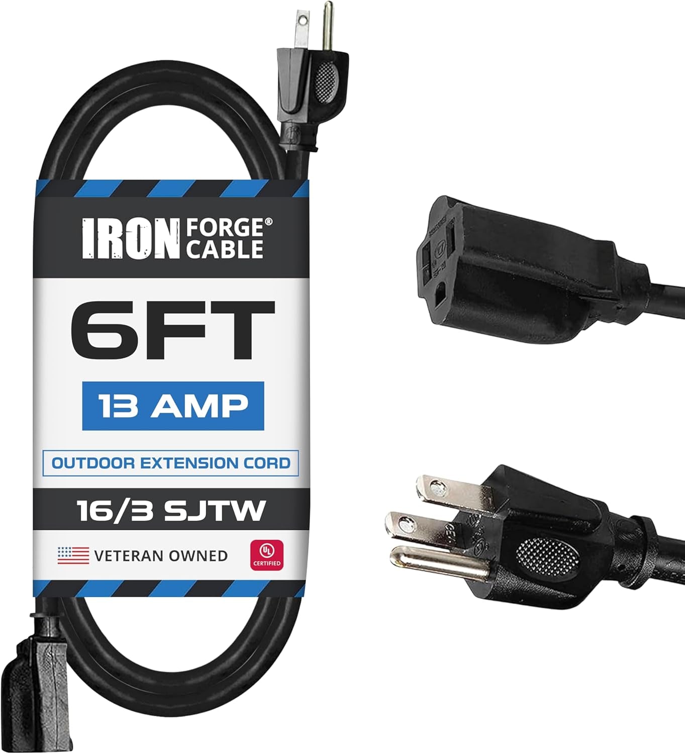 50 Ft Black Outdoor Extension Cord, 16/3, 50 Foot Outdoor Extension Cord, 3 Prong, Weatherproof - Great for outside Use