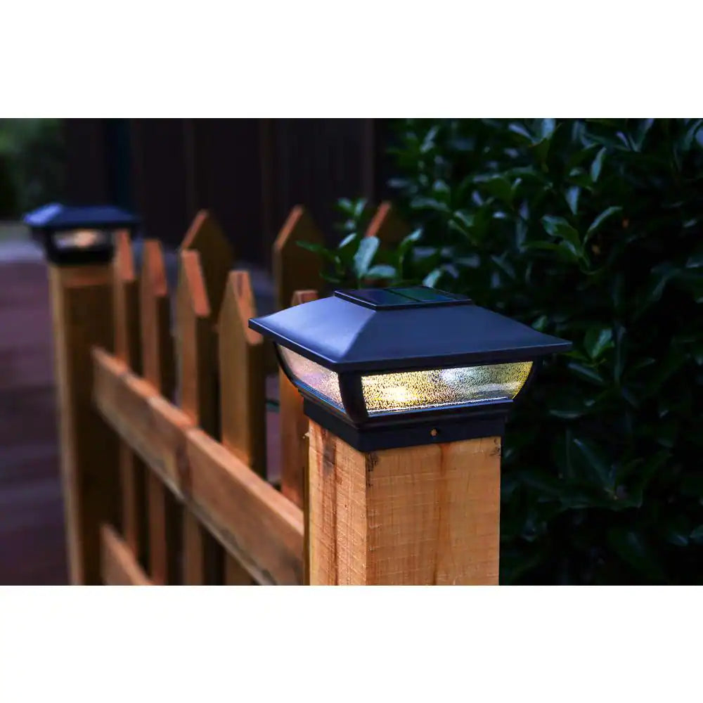 3.5 In. X 3.5 In. Black Integrated LED Plastic Outdoor Solar Post Cap Light with a 5.5 In. X 5.5 In. Adaptor (2-Pack)