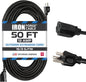 50 Ft Black Outdoor Extension Cord, 16/3, 50 Foot Outdoor Extension Cord, 3 Prong, Weatherproof - Great for outside Use