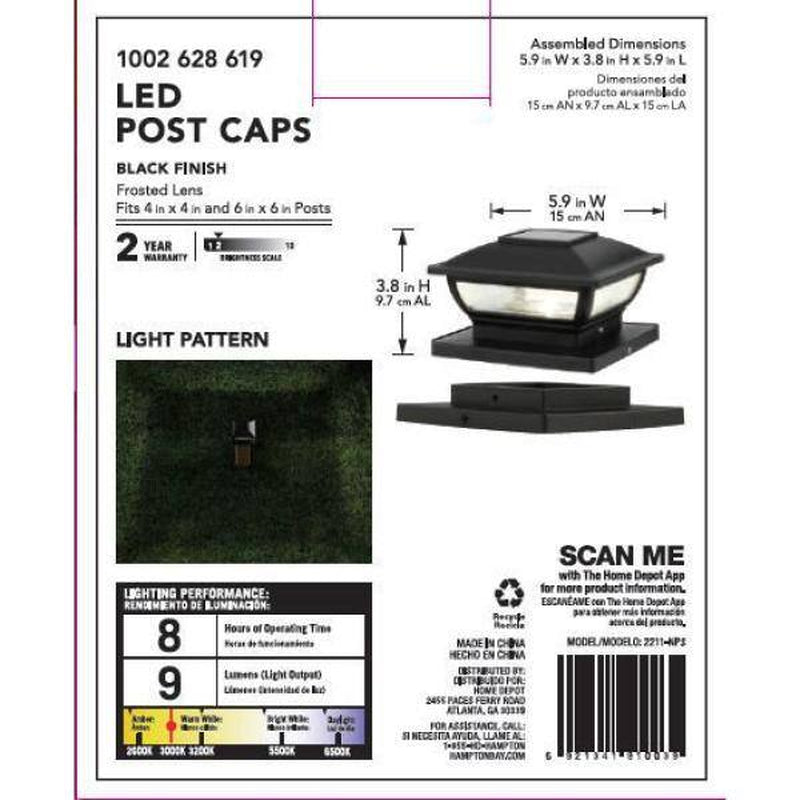 3.5 In. X 3.5 In. Black Integrated LED Plastic Outdoor Solar Post Cap Light with a 5.5 In. X 5.5 In. Adaptor (2-Pack)