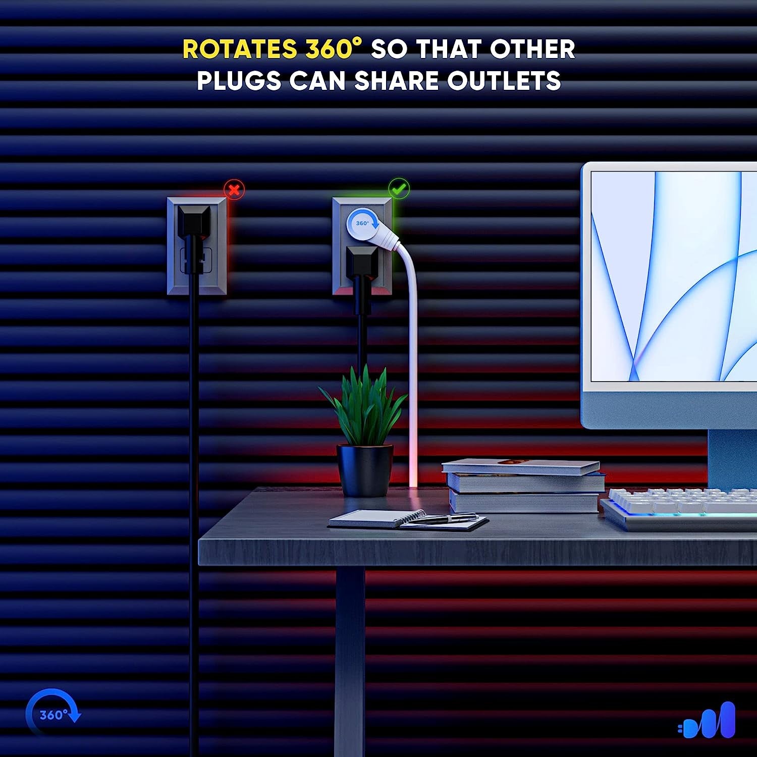 Extension Cord 15 Foot White Flat Plug, 360° Rotating Short Power Cord Single Outlet, Indoor 16 Gauge 3 Prong Grounded Wire UL Certified (15Ft White)