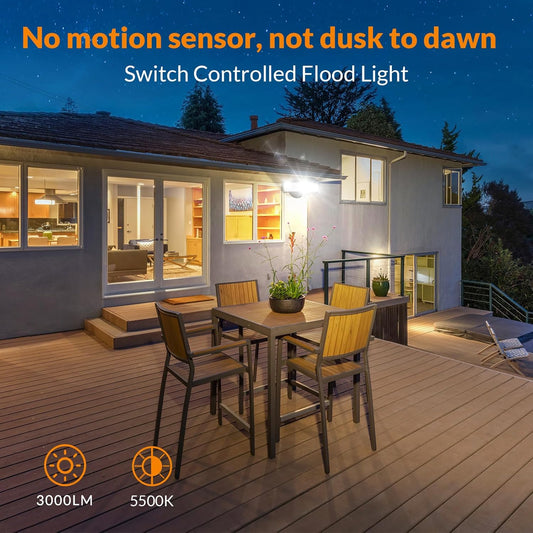 3000LM LED Flood Light Outdoor, Switch Controlled LED Security Light, 28W Exterior Lights with 2 Adjustable Heads, 5500K, IP65 Waterproof for Garage, Yard, Patio Brown