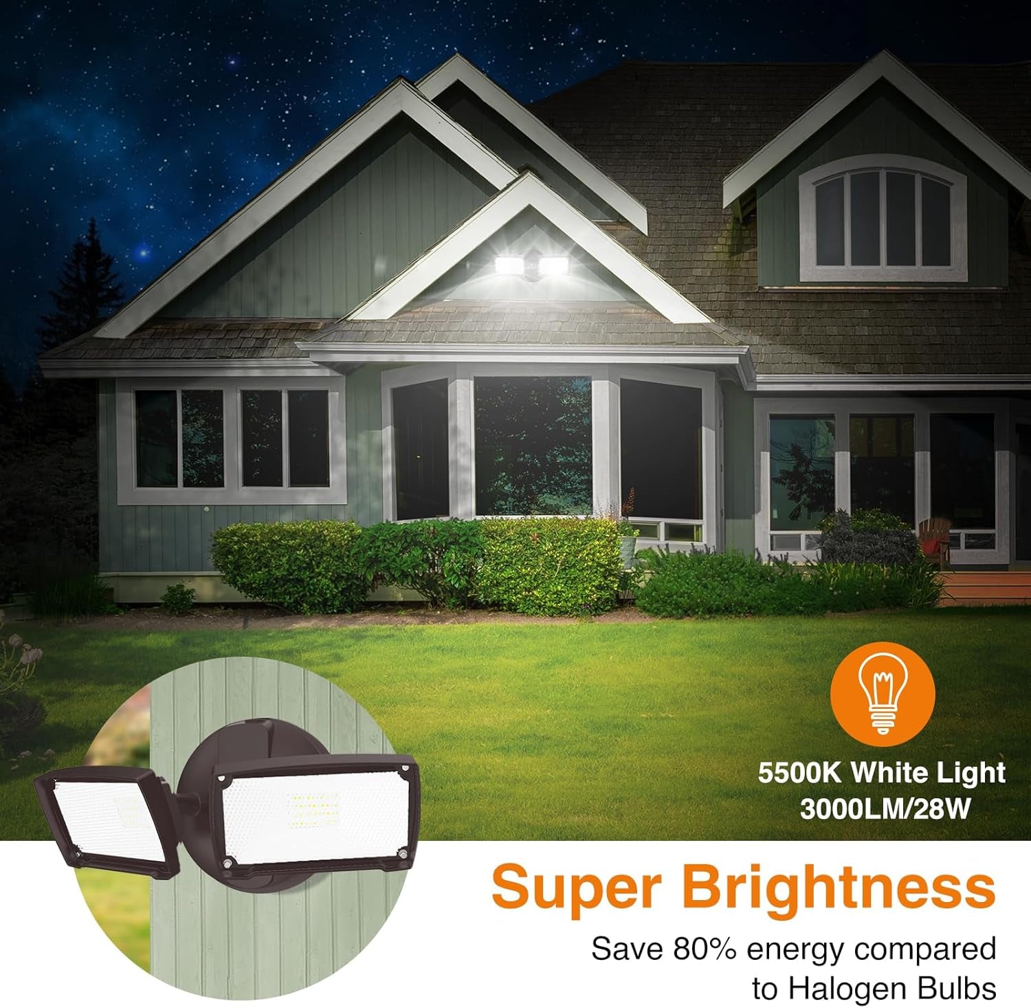 3000LM LED Flood Light Outdoor, Switch Controlled LED Security Light, 28W Exterior Lights with 2 Adjustable Heads, 5500K, IP65 Waterproof for Garage, Yard, Patio Brown