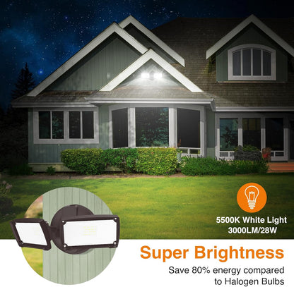 3000LM LED Flood Light Outdoor, Switch Controlled LED Security Light, 28W Exterior Lights with 2 Adjustable Heads, 5500K, IP65 Waterproof for Garage, Yard, Patio Brown