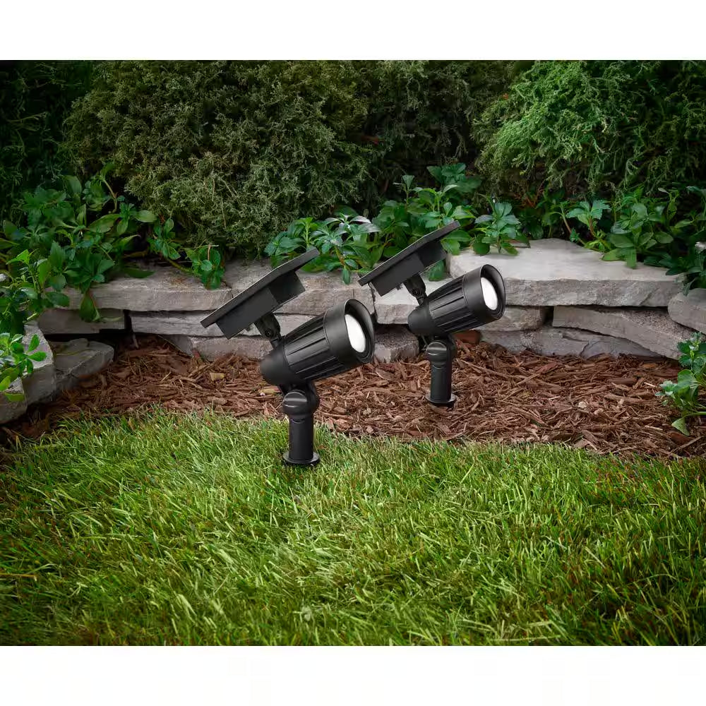 Solar 50 Lumens Black Outdoor Integrated LED Adjustable Beam Spotlight (2-Pack); Weather/Water/Rust Resistant