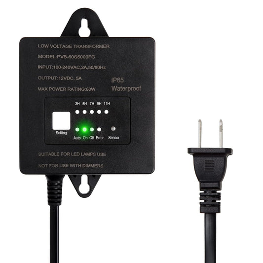 60W Low Voltage Transformer with Timer and Photocell Sensor, 120V AC to 12V DC, IP65 Waterproof, Supply for LED Landscape Light, Outdoor Spotlight, Pathway Light,Garden Light