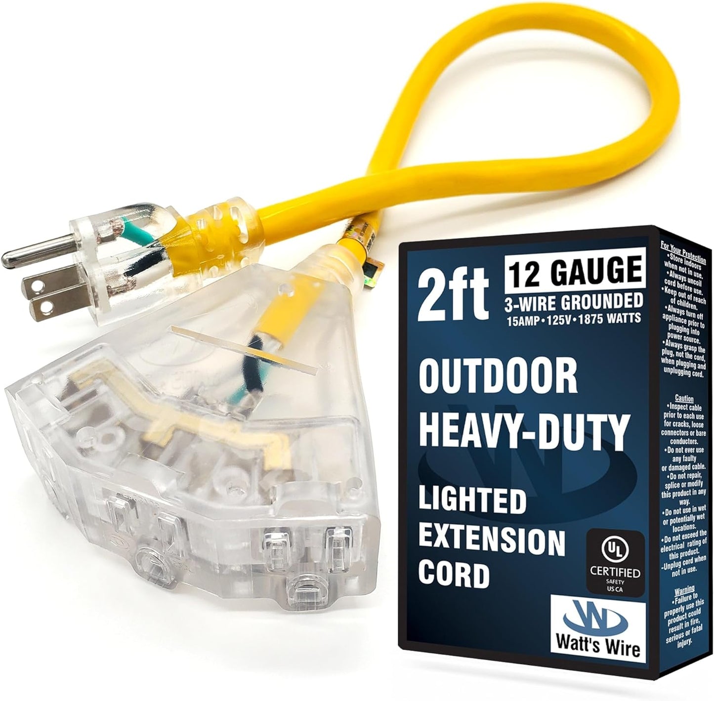 2 Ft - 12 Gauge Heavy Duty Extension Cord - 3 Outlet Lighted SJTW - Indoor/Outdoor Extension_Cord by  - 2' 12-Gauge Grounded 15 Amp Extensioncord Splitter