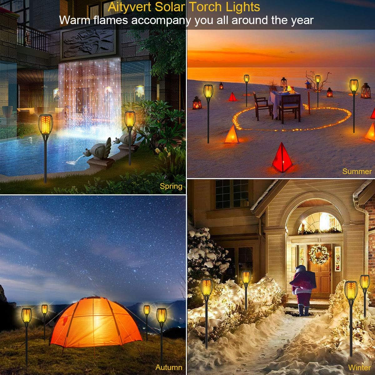 Solar Torch Lights, 43" Flickering Flames Outdoor Waterproof Landscape Decoration, Dusk to Dawn Auto On/Off Security for Yard Garden Pathway Driveway 4-Pack