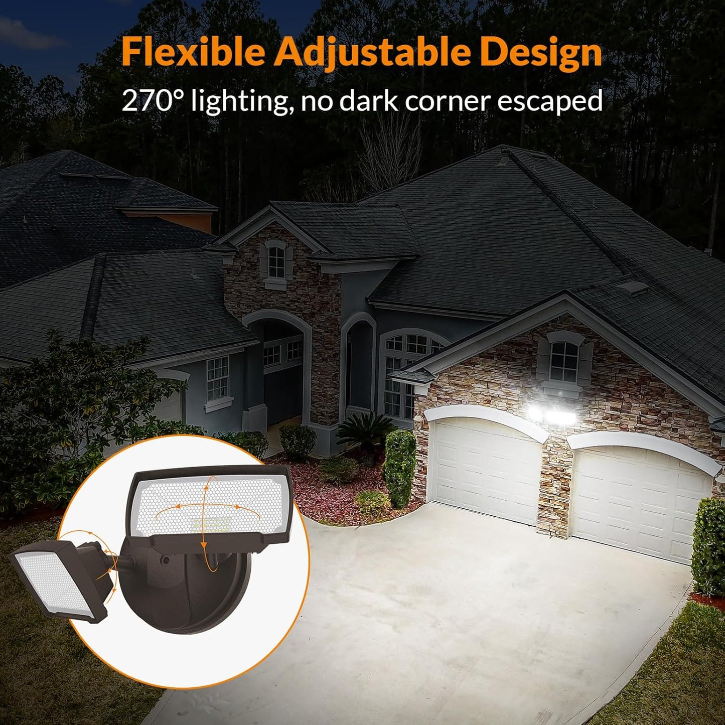 3000LM LED Flood Light Outdoor, Switch Controlled LED Security Light, 28W Exterior Lights with 2 Adjustable Heads, 5500K, IP65 Waterproof for Garage, Yard, Patio Brown