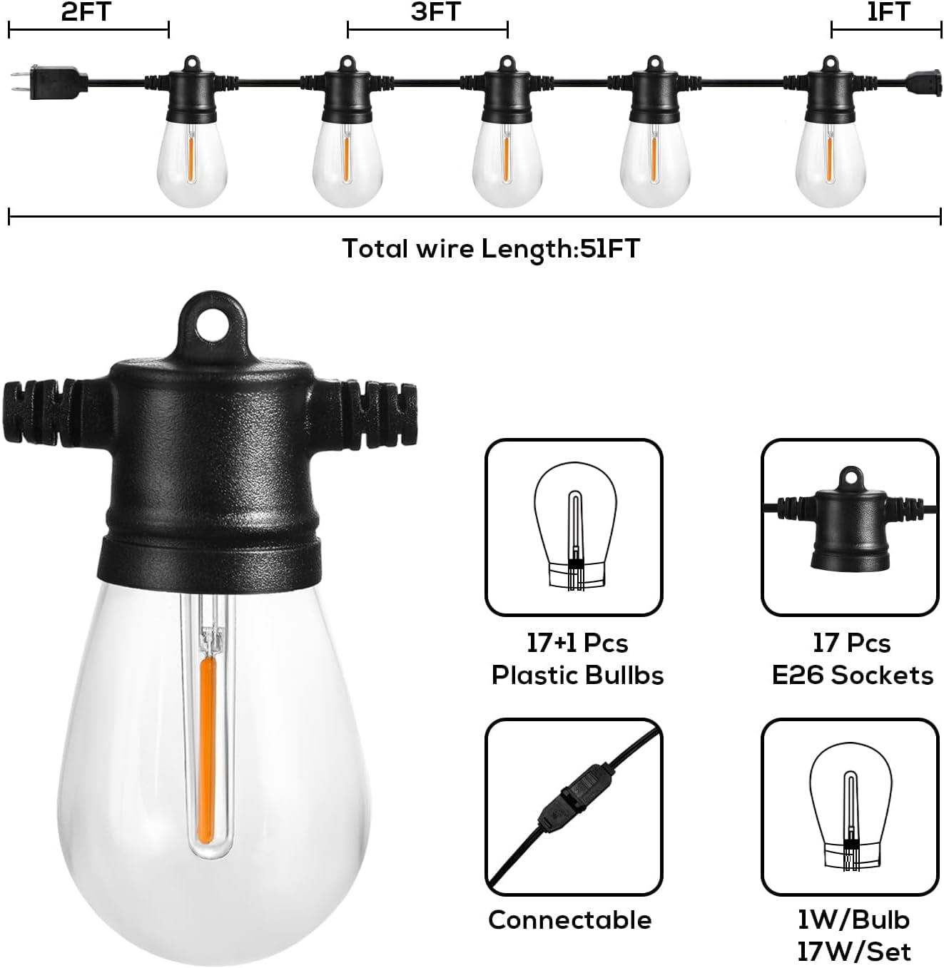 51FT Outdoor String Lights, Waterproof Patio Lights with 18 Shatterproof LED Bulb Hanging Light String, Black String Light Outdoor for Backyard, Garden, Porch, Cafe, Deck, Wedding, Party