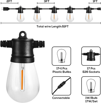 51FT Outdoor String Lights, Waterproof Patio Lights with 18 Shatterproof LED Bulb Hanging Light String, Black String Light Outdoor for Backyard, Garden, Porch, Cafe, Deck, Wedding, Party