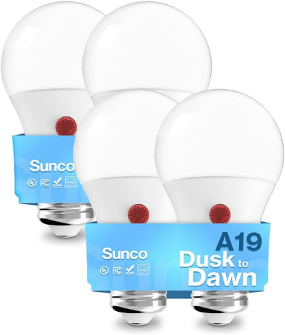 Sunco Dusk to Dawn LED Outdoor Light Bulb A19, Photocell Automatic for Exterior Lighting, 800 LM, 9W (60W Eqv.), 3000K Warm White, Auto On/Off Sensor, IP65 Rated UL 4 Pack