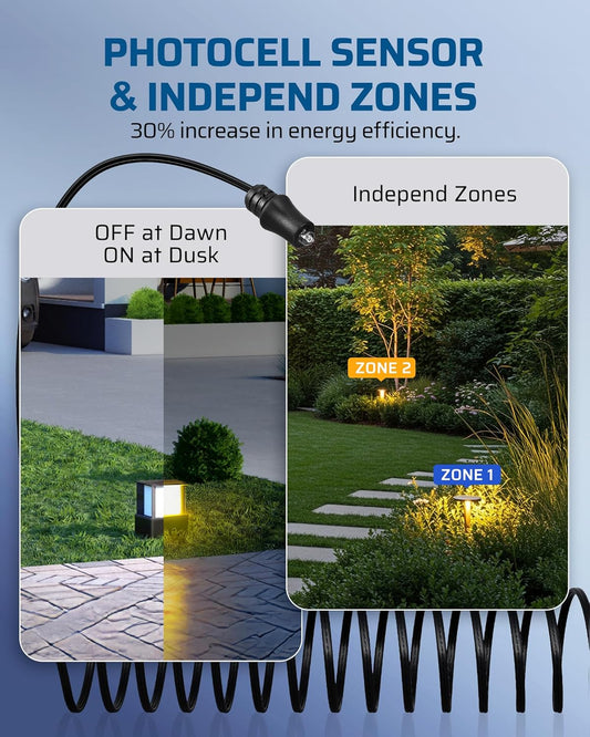 200W Low Voltage Landscape Lighting Transformer, 120V to 12V/14V, Outdoor Landscape Transformer with Photocell Sensor & Timer, Weatherproof, Multi Zone for Spotlight, Patio Light, ETL Listed