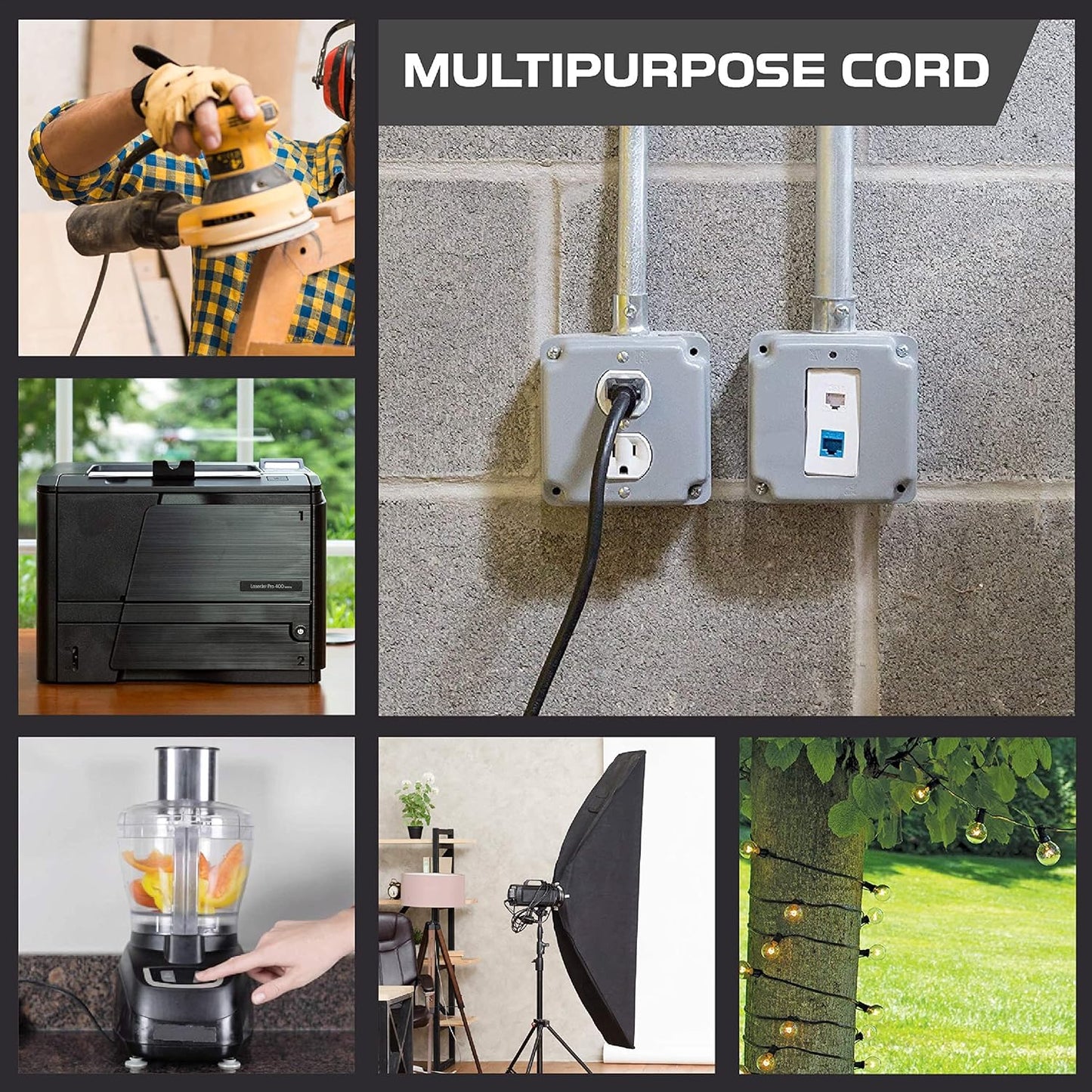 50 Ft Black Outdoor Extension Cord, 16/3, 50 Foot Outdoor Extension Cord, 3 Prong, Weatherproof - Great for outside Use