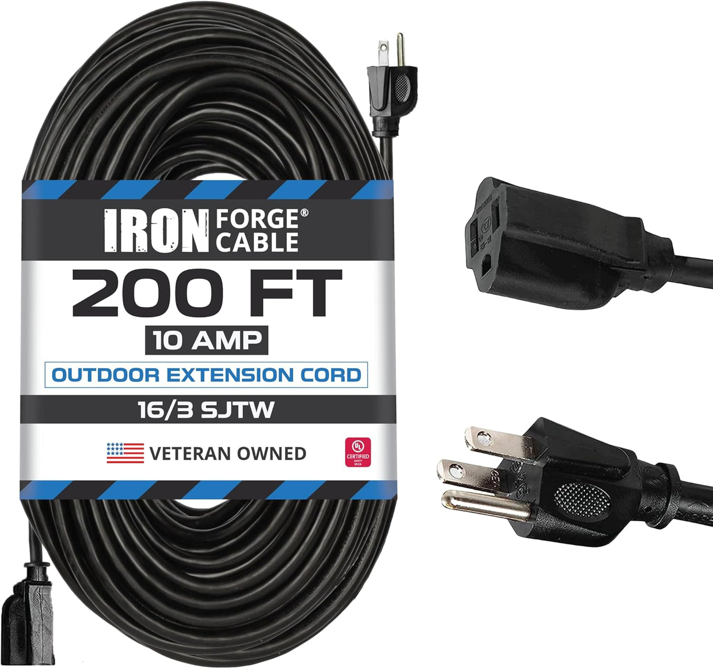 50 Ft Black Outdoor Extension Cord, 16/3, 50 Foot Outdoor Extension Cord, 3 Prong, Weatherproof - Great for outside Use