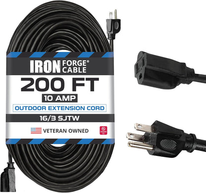 50 Ft Black Outdoor Extension Cord, 16/3, 50 Foot Outdoor Extension Cord, 3 Prong, Weatherproof - Great for outside Use