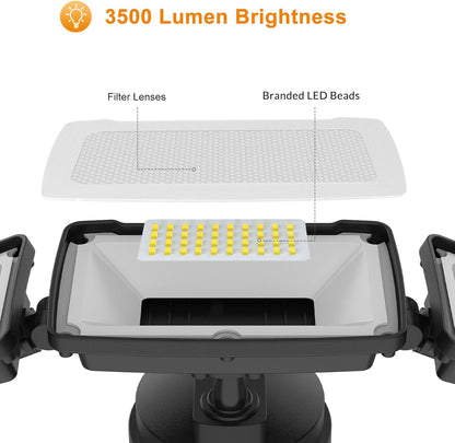 3500LM Dusk to Dawn LED Security Lights Outdoor, 35W Outdoor Flood Light with Photocell, 5500K, IP65 Waterproof 3 Head Exterior Light for Garage, Patio, Yard（Black）