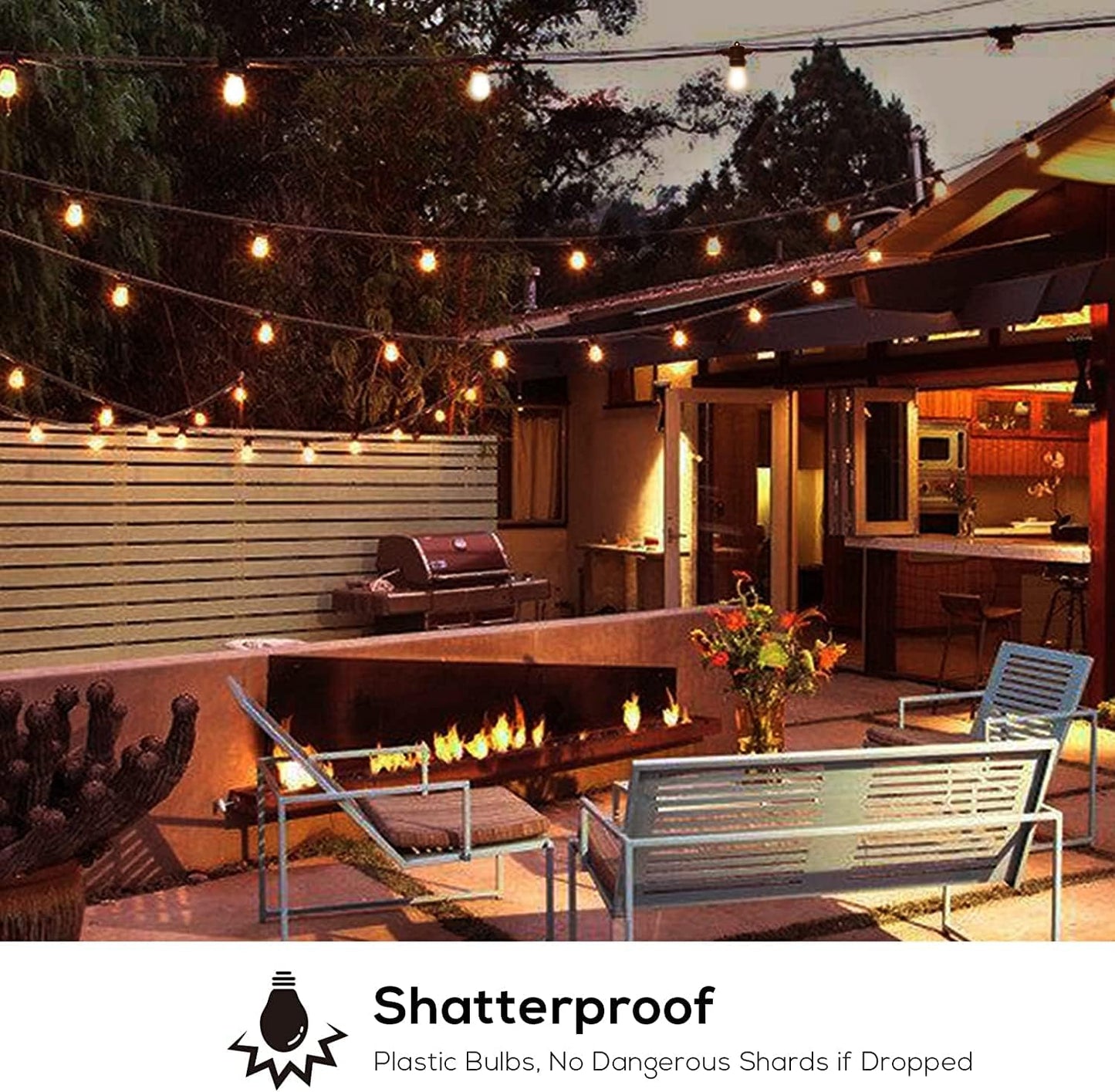 51FT Outdoor String Lights, Waterproof Patio Lights with 18 Shatterproof LED Bulb Hanging Light String, Black String Light Outdoor for Backyard, Garden, Porch, Cafe, Deck, Wedding, Party