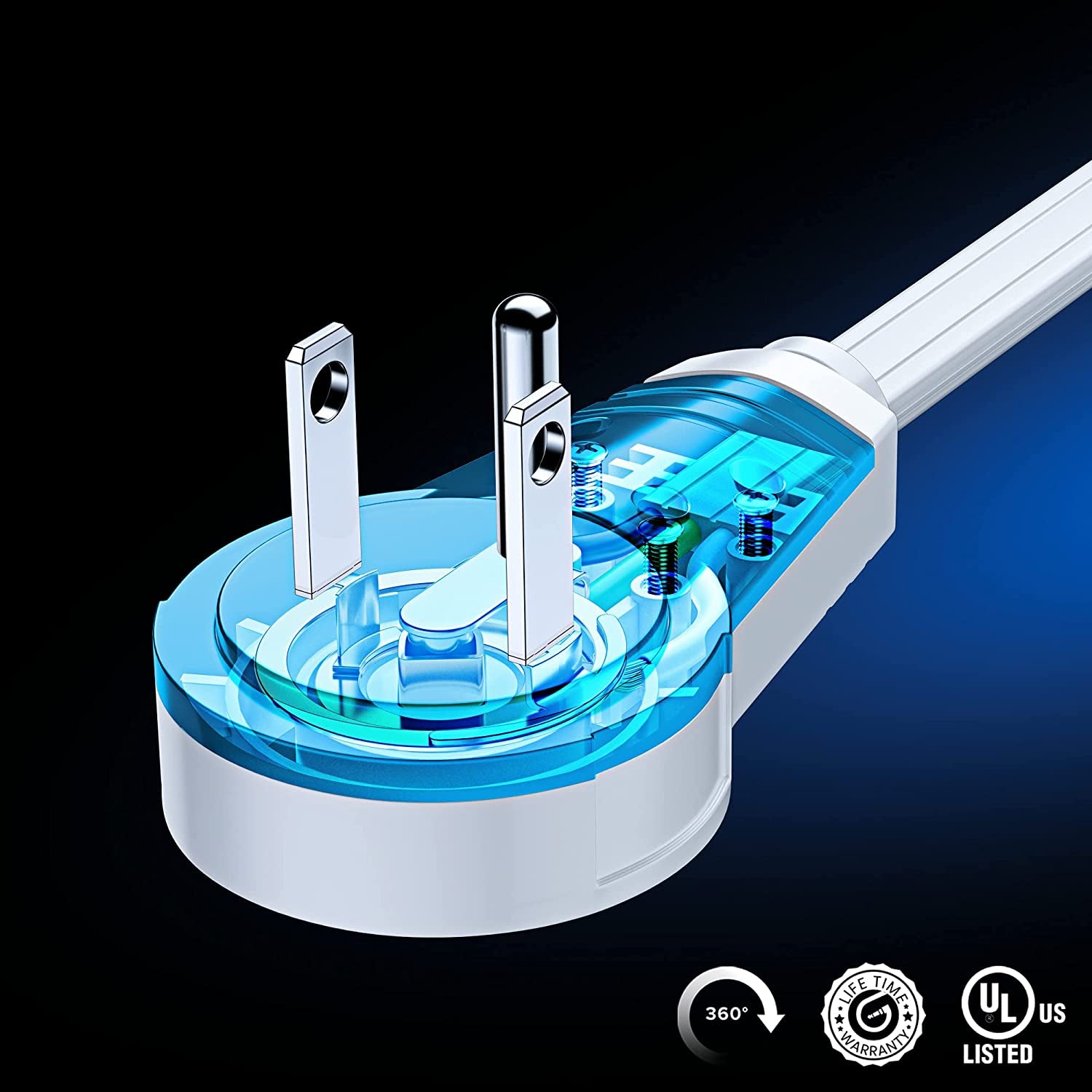 3FT Rotating Flat Plug Extension Cord with 3-Outlet and 2 USB Ports, Grounded (White) UL Certified