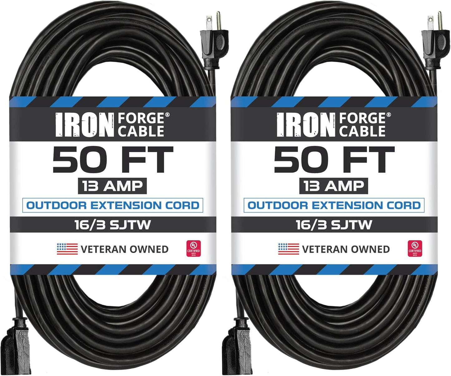 50 Ft Black Outdoor Extension Cord, 16/3, 50 Foot Outdoor Extension Cord, 3 Prong, Weatherproof - Great for outside Use