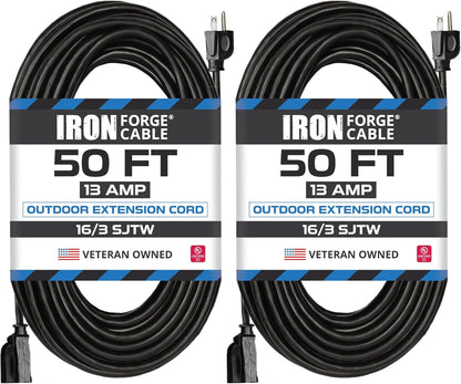 50 Ft Black Outdoor Extension Cord, 16/3, 50 Foot Outdoor Extension Cord, 3 Prong, Weatherproof - Great for outside Use