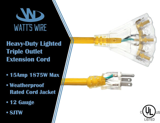 2 Ft - 12 Gauge Heavy Duty Extension Cord - 3 Outlet Lighted SJTW - Indoor/Outdoor Extension_Cord by  - 2' 12-Gauge Grounded 15 Amp Extensioncord Splitter