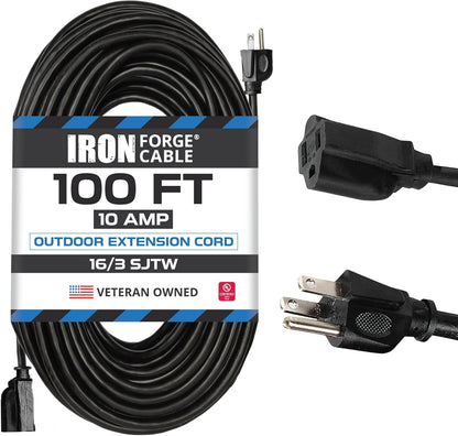 50 Ft Black Outdoor Extension Cord, 16/3, 50 Foot Outdoor Extension Cord, 3 Prong, Weatherproof - Great for outside Use