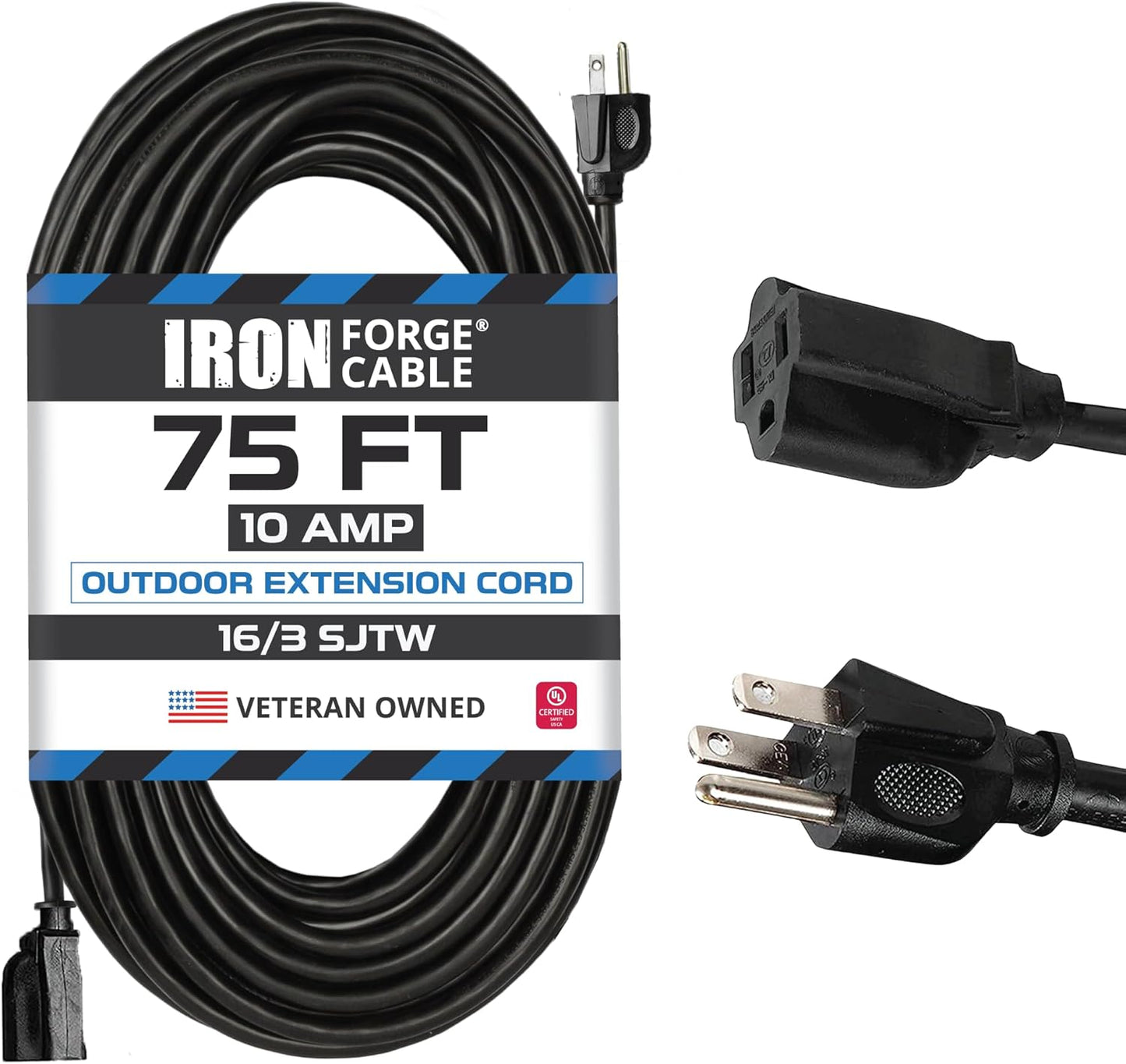 50 Ft Black Outdoor Extension Cord, 16/3, 50 Foot Outdoor Extension Cord, 3 Prong, Weatherproof - Great for outside Use