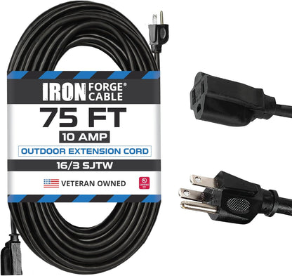 50 Ft Black Outdoor Extension Cord, 16/3, 50 Foot Outdoor Extension Cord, 3 Prong, Weatherproof - Great for outside Use