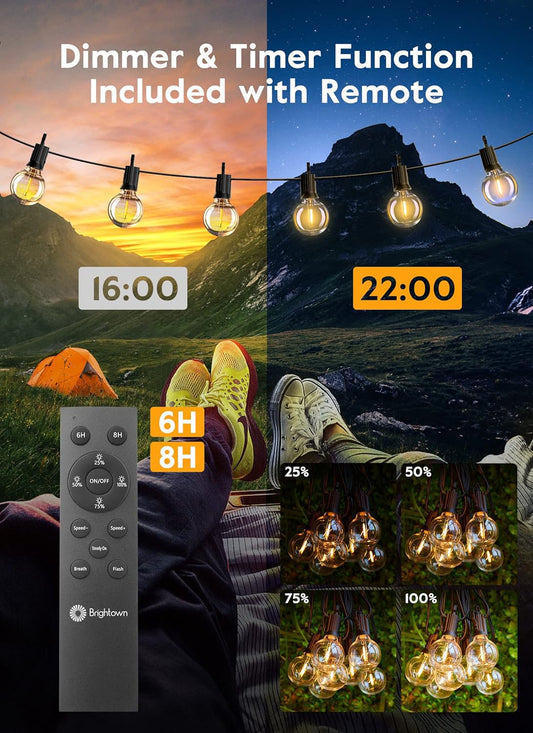 38Ft Outdoor String Lights with Remote & 15 Shatterproof LED Bulbs - Waterproof Patio Hanging Lights for Porch Balcony Bistro Cafe