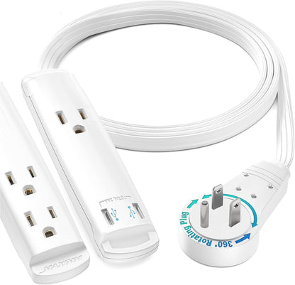 3FT Rotating Flat Plug Extension Cord with 3-Outlet and 2 USB Ports, Grounded (White) UL Certified