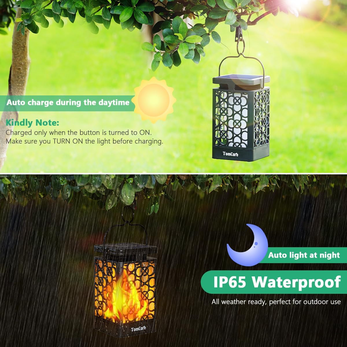 Solar Lanterns Outdoor Upgraded Flickering Flame Waterproof Hanging Lanterns Decorative Solar Powered LED Christmas Lights for Patio Deck Yard, 2 Pack