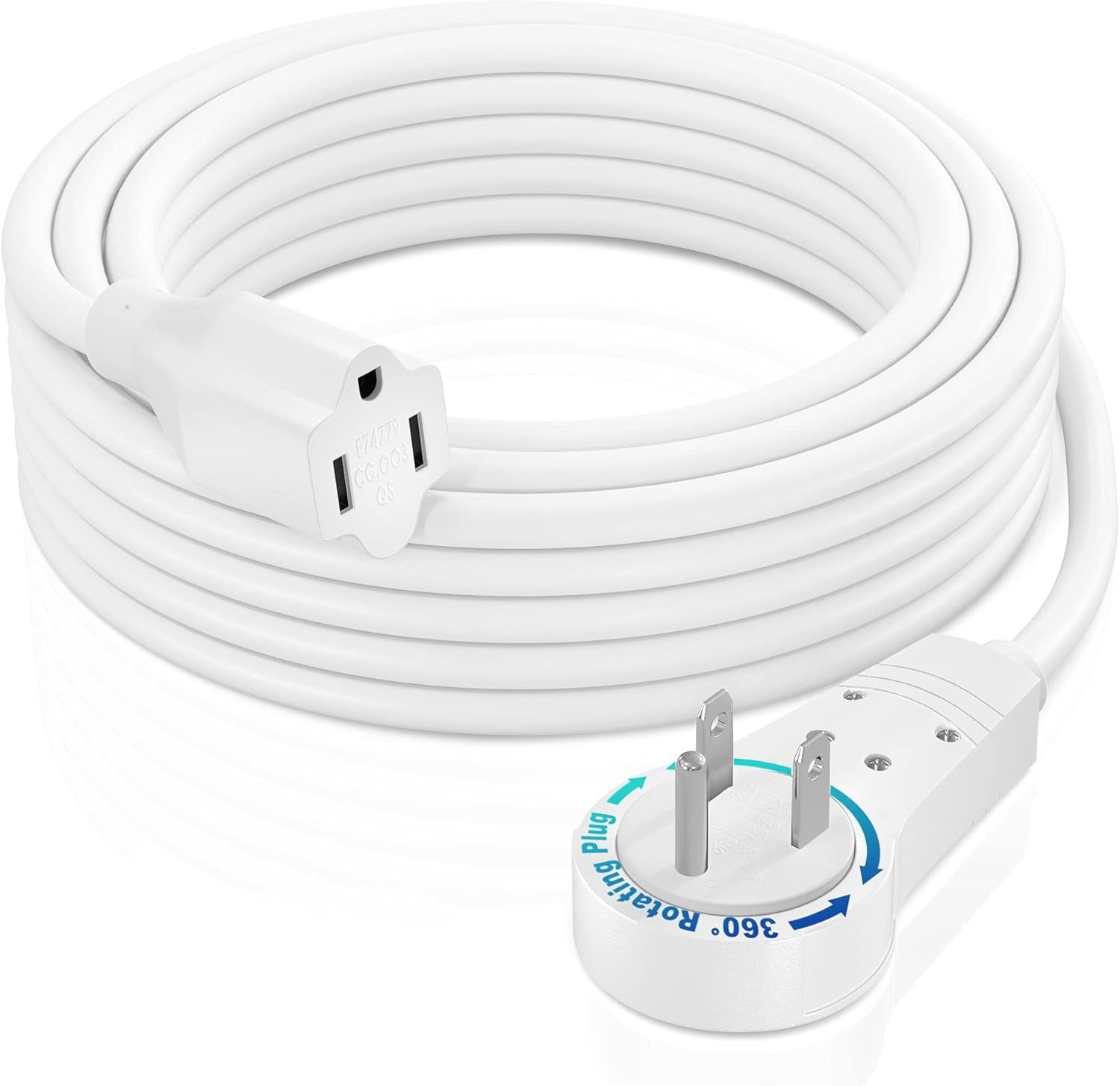 Extension Cord 15 Foot White Flat Plug, 360° Rotating Short Power Cord Single Outlet, Indoor 16 Gauge 3 Prong Grounded Wire UL Certified (15Ft White)
