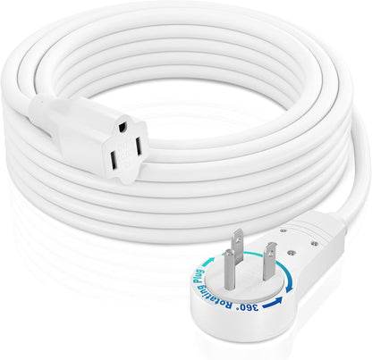 Extension Cord 15 Foot White Flat Plug, 360° Rotating Short Power Cord Single Outlet, Indoor 16 Gauge 3 Prong Grounded Wire UL Certified (15Ft White)