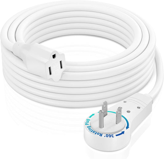Extension Cord 15 Foot White Flat Plug, 360° Rotating Short Power Cord Single Outlet, Indoor 16 Gauge 3 Prong Grounded Wire UL Certified (15Ft White)