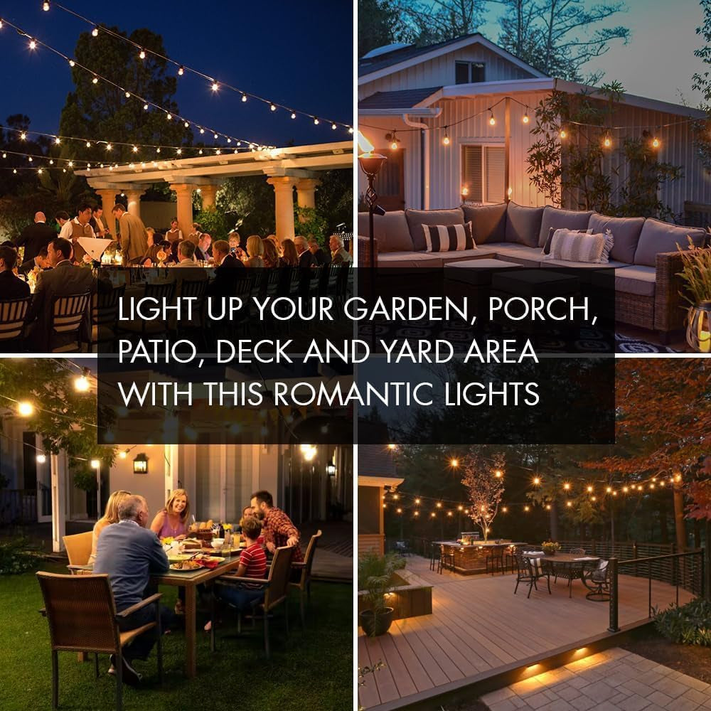 51FT Outdoor String Lights, Waterproof Patio Lights with 18 Shatterproof LED Bulb Hanging Light String, Black String Light Outdoor for Backyard, Garden, Porch, Cafe, Deck, Wedding, Party