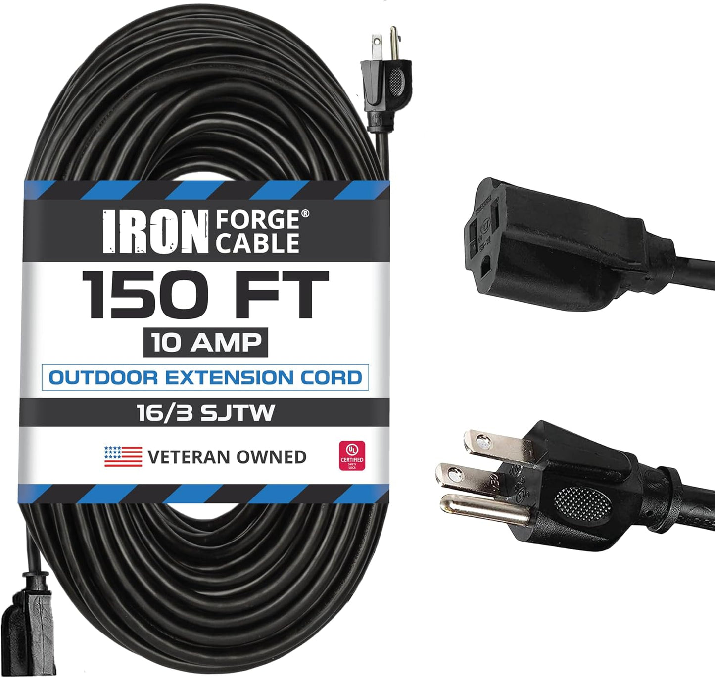 50 Ft Black Outdoor Extension Cord, 16/3, 50 Foot Outdoor Extension Cord, 3 Prong, Weatherproof - Great for outside Use