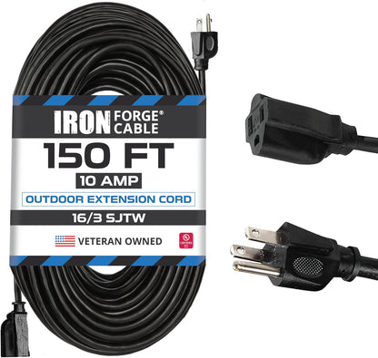50 Ft Black Outdoor Extension Cord, 16/3, 50 Foot Outdoor Extension Cord, 3 Prong, Weatherproof - Great for outside Use