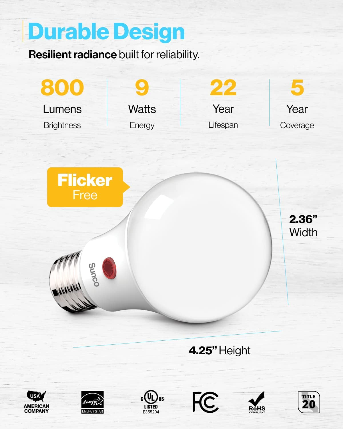 Sunco Dusk to Dawn LED Outdoor Light Bulb A19, Photocell Automatic for Exterior Lighting, 800 LM, 9W (60W Eqv.), 3000K Warm White, Auto On/Off Sensor, IP65 Rated UL 4 Pack